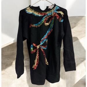 Vintage DIVIDENDS Women’s Sz S Festive‎ Bow Sweater Beaded Sequin Silk Angora